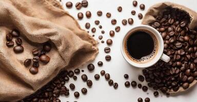 AI generated cup of coffee and coffee beans in a sack, top view white background photo