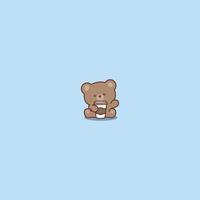 Cute brown bear with coffee waving paw cartoon, vector illustration