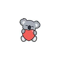 Cute koala with red heart cartoon, vector illustration