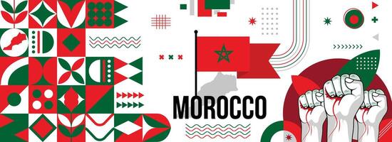 Morocco national or independence day banner for country celebration. Flag and map of Morocco with raised fists. Modern retro design with typorgaphy abstract geometric icons. Vector illustration