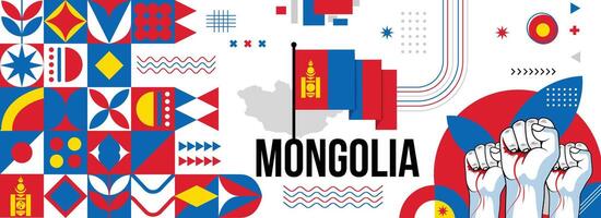 Mongolia national or independence day banner for country celebration. Flag and map of Mongolia with raised fists. Modern retro design with typorgaphy abstract geometric icons. Vector illustration