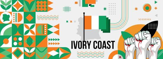 Ivory Coast national or independence day banner for country celebration. Flag and map of Cote Divoire with raised fists. Modern retro design with typorgaphy abstract geometric icons. vector