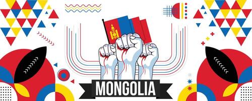 Mongolia national or independence day banner for country celebration. Flag of Mongolia with raised fists. Modern retro design with typorgaphy abstract geometric icons. Vector illustration.