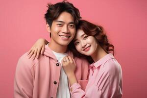AI generated Portrait of happy young Asian couple on pink background. Studio shot, copy space photo