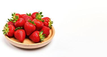 AI generated strawberry on wooden plate on white background photo