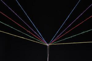 Eye sewing needle and multicolored threads passed through it black background. Concept hobbies and crafts. photo