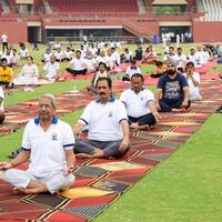 New Delhi, India, June 21, 2023 - Group Yoga exercise session for people at Yamuna Sports Complex in Delhi on International Yoga Day, Big group of adults attending yoga class in cricket stadium photo