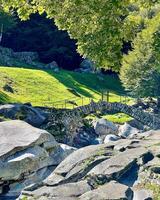 a stone bridge over a stream in a lush green valley photo