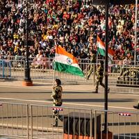 Wagah Border, Amritsar, Punjab, India, 02 February 2023 - Flag ceremony by Border Security Force BSF guards at India-Pakistan border near Attari Amritsar, Punjab, India held every day evening time photo