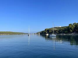 a calm body of water with boats floating in it photo