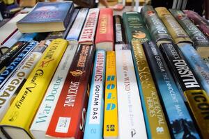 New Delhi, India, September 09 2023 - Variety of Books on shelf inside a book-stall at Delhi International Book Fair, Selection of books on display in Annual Book Fair. photo