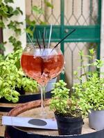 a glass of wine and some herbs in pots photo