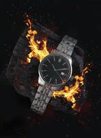 a watch with flames on a rock photo