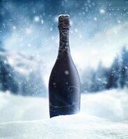 bottle of champagne in the snow photo