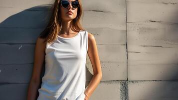 AI generated Attractive young woman wearing blank empty white tank top mockup for design template in the city street photo