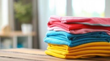 AI generated Stack of colorful clothes on table with copy space background, laundry and household photo