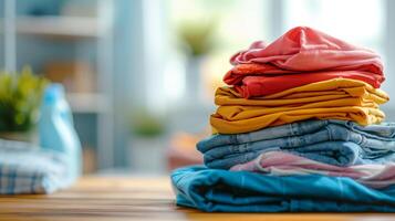AI generated Stack of colorful clothes on table with copy space background, laundry and household photo