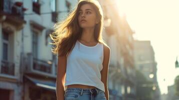 ai generado atractivo joven mujer vistiendo blanco vacío blanco tanque parte superior Bosquejo para diseño modelo en el ciudad calle foto