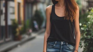 AI generated Attractive young woman wearing blank empty black tank top mockup for design template in the city street photo