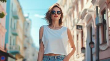 AI generated Attractive young woman wearing blank empty white tank top mockup for design template in the city street photo