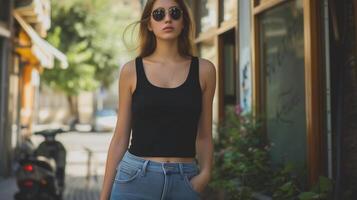 ai generado atractivo joven mujer vistiendo blanco vacío negro tanque parte superior Bosquejo para diseño modelo en el ciudad calle foto