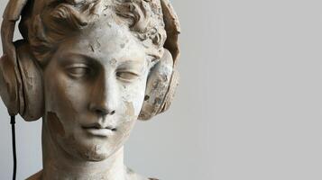 AI generated An antique bust sculpture in modern headphones. Bokeh in the background. AI generated. photo