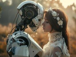 AI generated Robot and woman's wedding day. Android cyborg robot marries a woman. Human bride in a white wedding dress. Photorealistic  background with bokeh effect. AI generated. photo