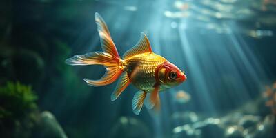 AI generated Goldfish swimming in the water, close up view, copy space. Photorealistic nature background with bokeh effect. AI generated. photo