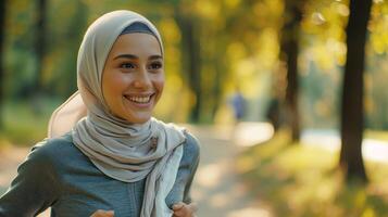 AI generated A Muslim woman in a hijab is jogging in the park. Portrait of an Islamic woman doing sports in close-up. Photorealistic nature background with bokeh effect. AI generated. photo