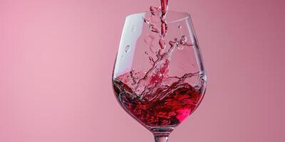 AI generated A glass of red wine in close-up on a pink background. Splashes of wine, pouring wine. Ai generated. photo