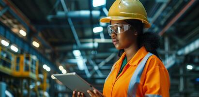 AI generated A female civil engineer, black afro american woman in a hard hat, dressed in a uniform with a tablet in her hands. Portrait in the factory interior. Bokeh in the background. AI generated. photo