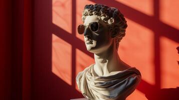 AI generated An antique bust sculpture in modern sunglasses. Bokeh in the background. AI generated. photo