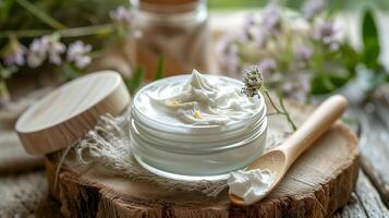 AI generated Cosmetic cream in a glass jar and a wooden spatula on a background of wildflowers. Eco concept. Photorealistic nature background with bokeh effect. AI generated. photo