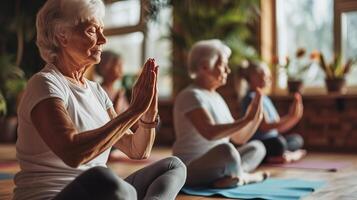 AI generated Older women practice yoga, meditate in yoga classes and lead an active and healthy lifestyle. Retirement hobbies and leisure activities for the elderly. Bokeh in the background. photo