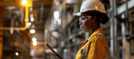 ai generado un hembra civil ingeniero, negro afro americano mujer en un difícil sombrero, vestido en un uniforme con un tableta en su manos. retrato en el fábrica interior. bokeh en el antecedentes. ai generado. foto