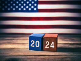 ai generado unido estados presidencial elección, 2024. de madera cubitos con texto 2024 terminado el americano bandera en el antecedentes. bokeh en el antecedentes. ai generado. foto