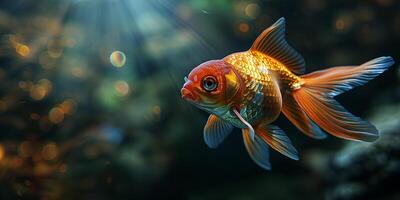 AI generated Goldfish swimming in the water, close up view, copy space. Photorealistic nature background with bokeh effect. AI generated. photo