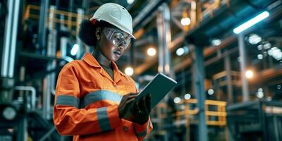 AI generated A female civil engineer, black afro american woman in a hard hat, dressed in a uniform with a tablet in her hands. Portrait in the factory interior. Bokeh in the background. AI generated. photo