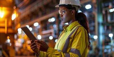 ai generado un hembra civil ingeniero, negro afro americano mujer en un difícil sombrero, vestido en un uniforme con un tableta en su manos. retrato en el fábrica interior. bokeh en el antecedentes. ai generado. foto