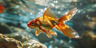 AI generated Goldfish swimming in the water, close up view, copy space. Photorealistic nature background with bokeh effect. AI generated. photo