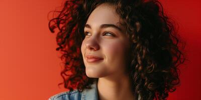 AI generated Dark-haired curly-haired young woman posing in close-up on a monochrome background, portrait, model. AI generated. photo