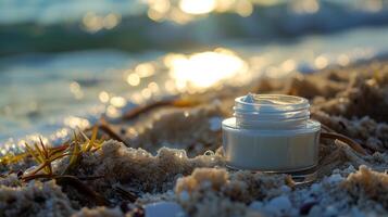 AI generated Cosmetic cream in a glass jar on a sandy beach, the sea on the background. Eco concept. Photorealistic nature background with bokeh effect. AI generated. photo