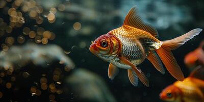 AI generated Goldfish swimming in the water, close up view, copy space. Photorealistic nature background with bokeh effect. AI generated. photo