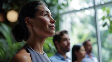 AI generated A proud Latin American woman surrounded by other women in office, at meeting, in business environment. portrait of confident  businesswomen. Bokeh in background. AI generated. photo