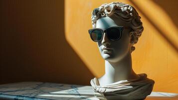 AI generated An antique bust sculpture in modern sunglasses. Bokeh in the background. AI generated. photo