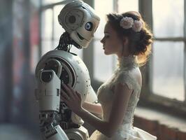 AI generated Robot and woman's wedding day. Android cyborg robot marries a woman. Human bride in a white wedding dress. Photorealistic  background with bokeh effect. AI generated. photo