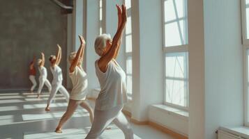 AI generated Older women practice yoga, meditate in yoga classes and lead an active and healthy lifestyle. Retirement hobbies and leisure activities for the elderly. Bokeh in the background. photo