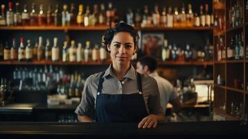 AI generated Proud female bartender at her workplace. A young dark-haired Latin American woman standing in front of bar, confident entrepreneur, business owner. Bokeh effect. AI generated. photo