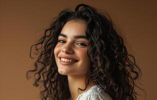 AI generated Dark-haired curly-haired young woman posing in close-up on a monochrome background, portrait, model. AI generated. photo