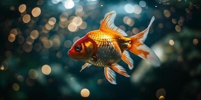 AI generated Goldfish swimming in the water, close up view, copy space. Photorealistic nature background with bokeh effect. AI generated. photo